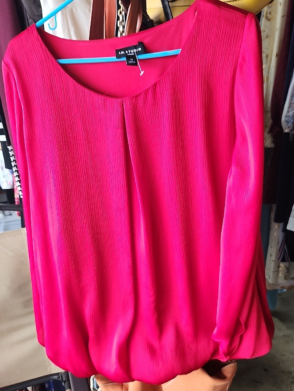 I.N. Studio Bright RedPleated Scoop Neck Long-Sleeve Blouse